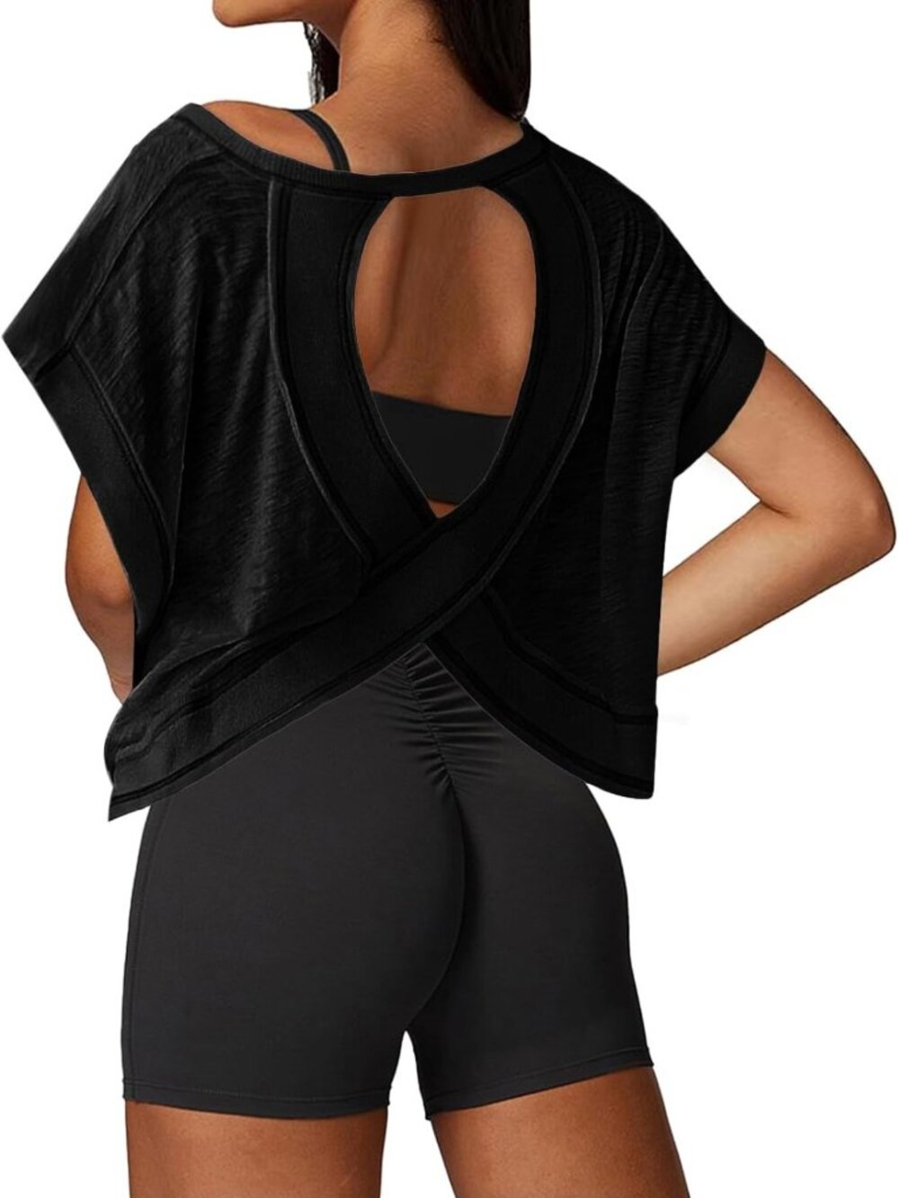 Open Back Loose Fit Athletic Crop Top for Women - Short Sleeve Gym & Yoga Shirt